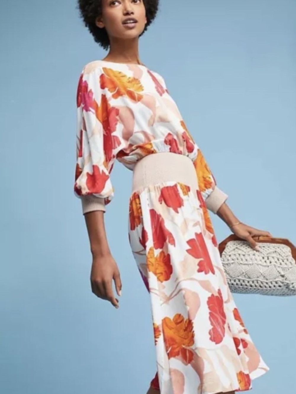 Anthropologie MAEVE Floral Midi Dress in Red, Orange & Beige XS